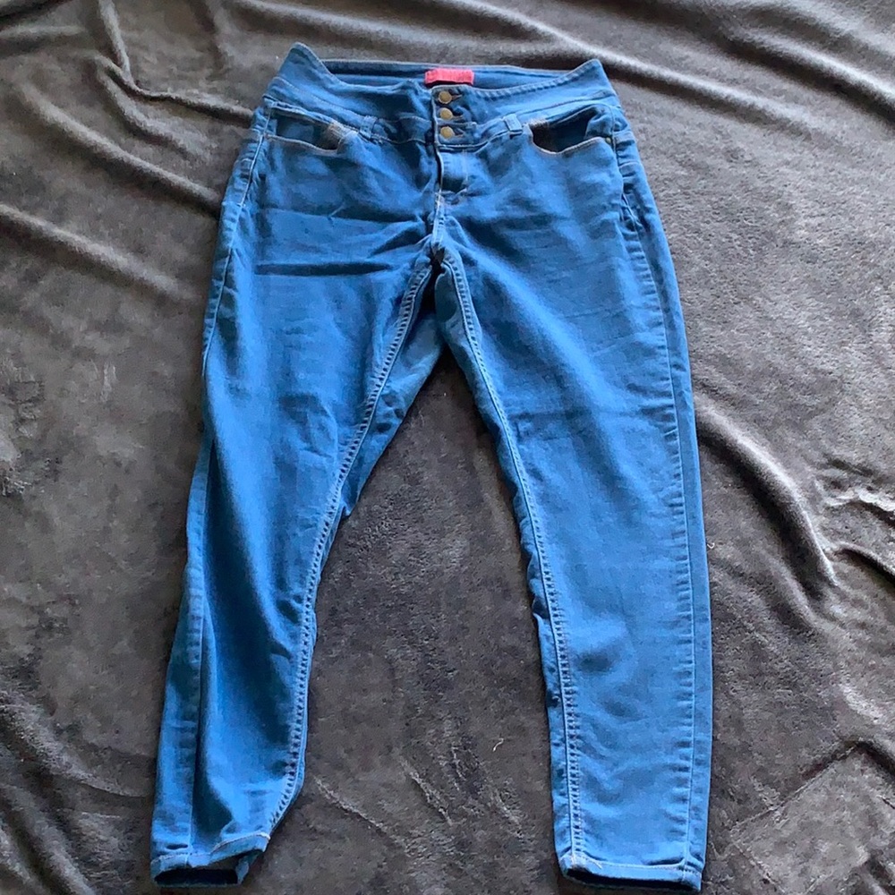 High waisted blue jeans